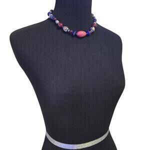 Artisan Ceramic Bead Necklace Hand Painted Folk Art Style Boho Statement, EUC